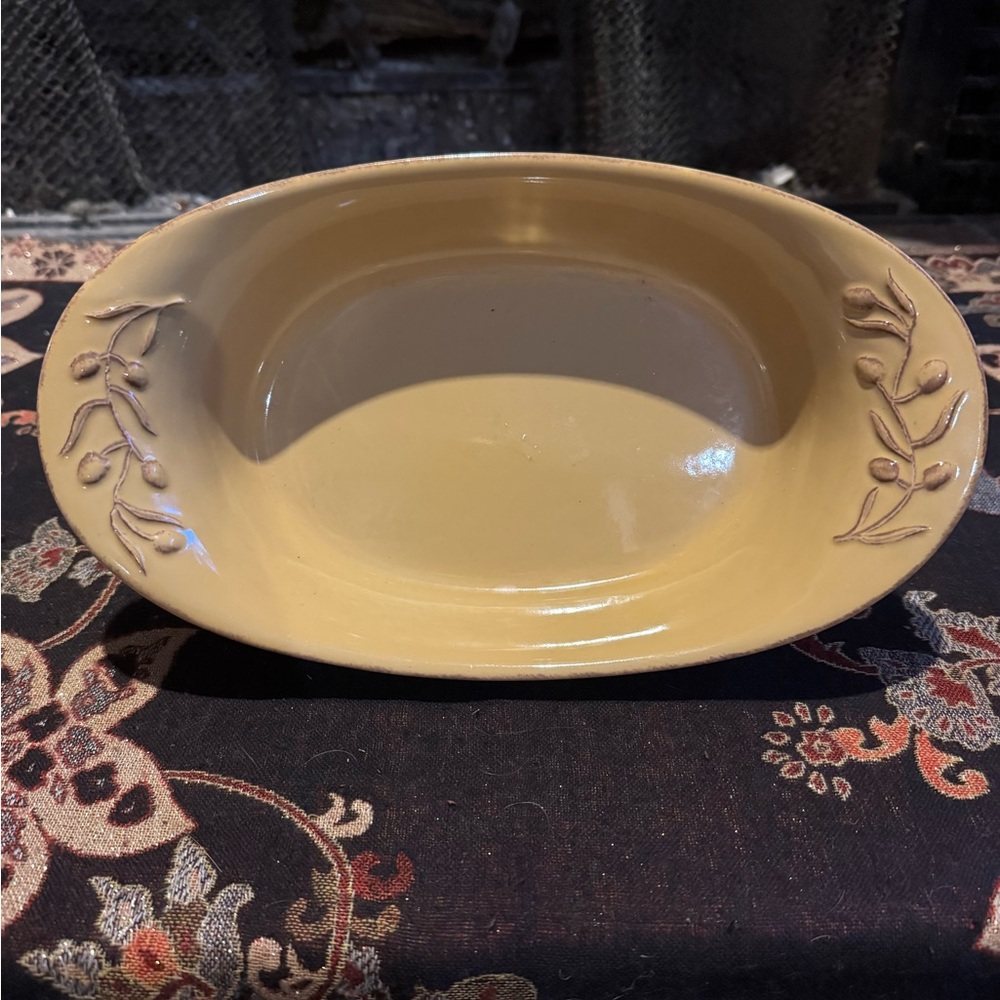 CERUTIL Stoneware Yellow Oval Casserole Dish w/ Olive Leaf Design - Portugal